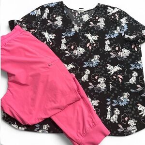 Disney Black Dalmatian Dot V-Neck Scrub Top and pants with Pink Accents